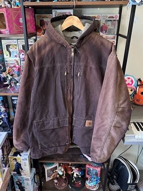 Carhartt C95 DKB Hooded Jacket Dark Brown Faded Workwear Men’s L Tall